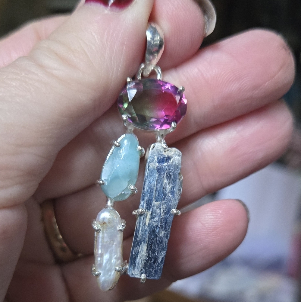 Watermelon tourmaline Larimar pearl & kyanite sterling pendant - Picture 4 of 7